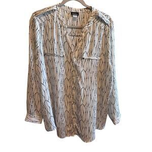 Simply Emma Black White Button Up V-Neck Dress Blouse Shirt Plus Size 1X